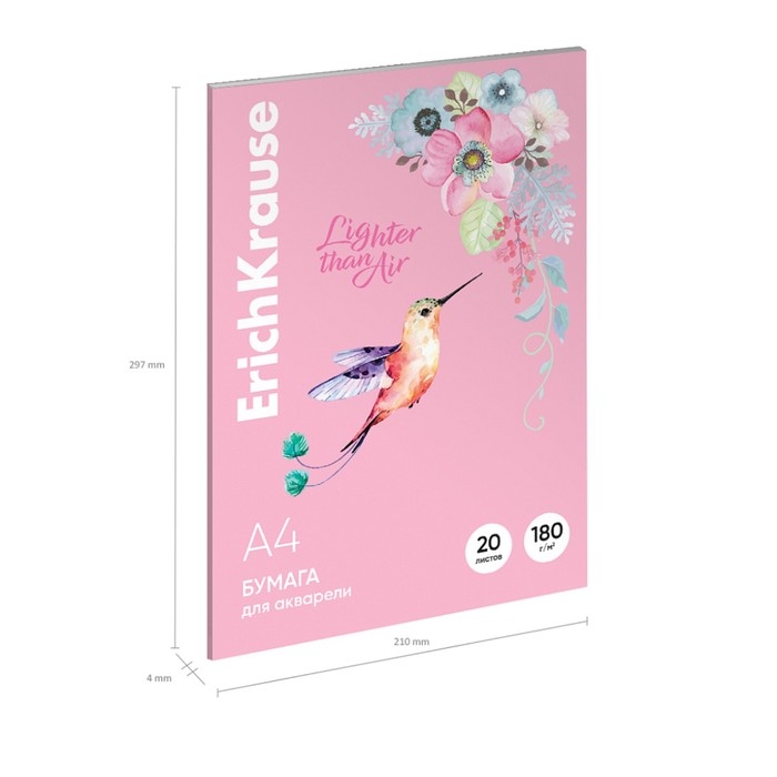 Бумага для акварели А4, 20 листов, ErichKrause  Бумага для акварели А4, 20 листов, ErichKrause "Колибри", блок 180 г/м², 100% белизна, в картонной папке