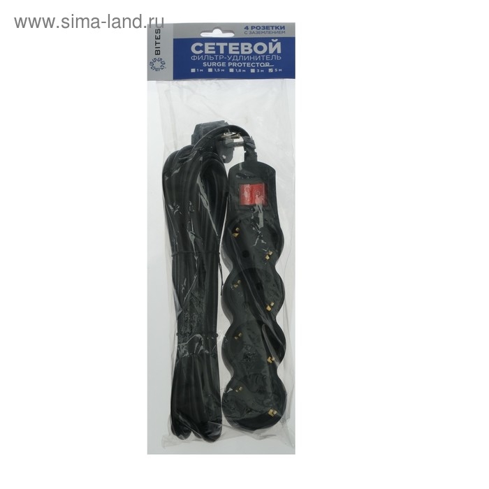 Сетевой фильтр 5bites SP4B-150 4S, 4 розетки, 5 м, 10 А, 3х0.75 мм2, с з/к, с выкл.,черный Сетевой фильтр 5bites SP4B-150 4S, 4 розетки, 5 м, 10 А, 3х0.75 мм2, с з/к, с выкл.,черный
