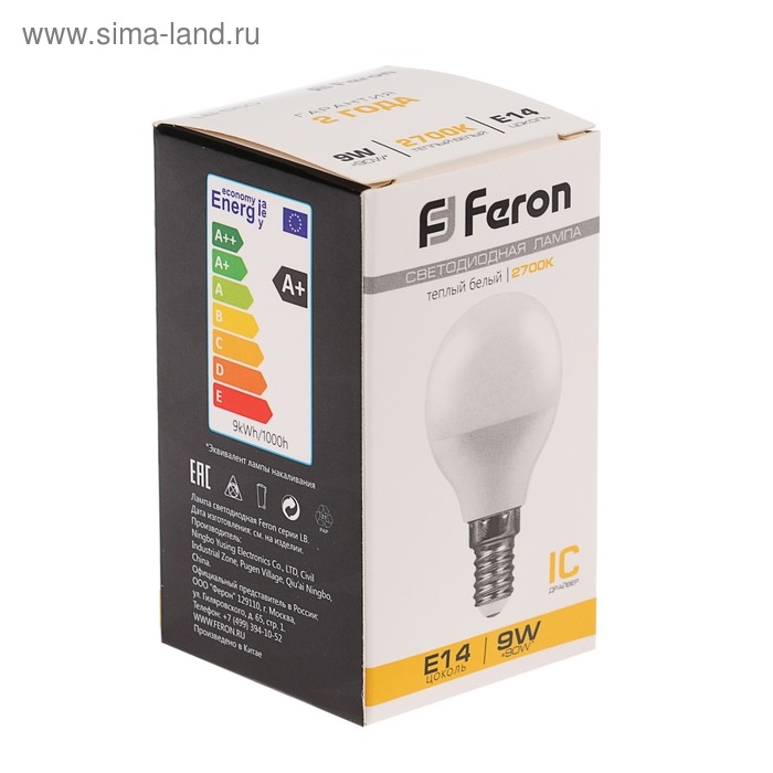 Лампа светодиодная FERON, G45, 9 Вт, Е14, 2700 К, теплый белый Лампа светодиодная FERON, G45, 9 Вт, Е14, 2700 К, теплый белый
