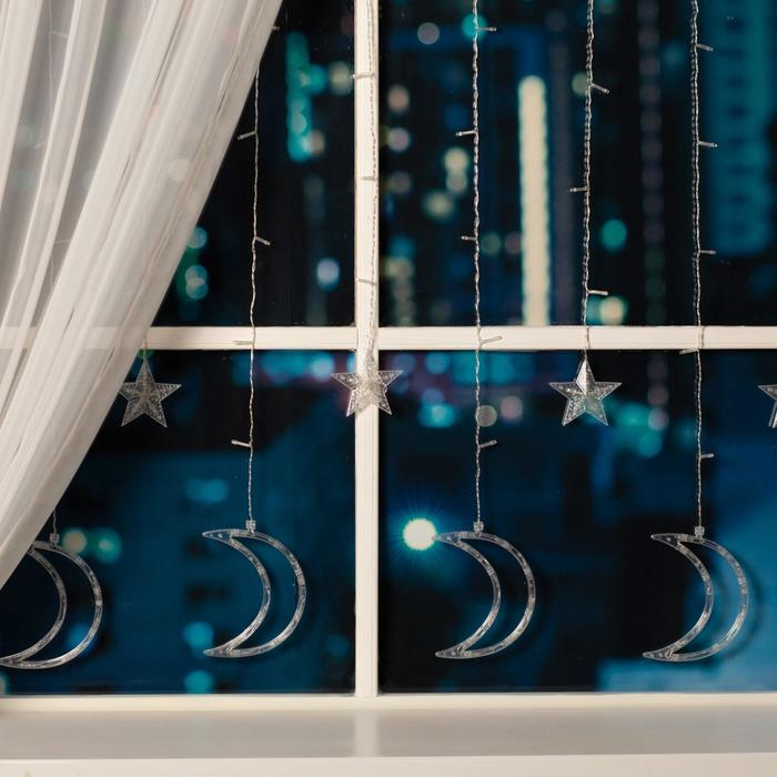 Гирлянда «Бахрома» 2.7 × 0.9 м с насадками «Месяц», IP20, прозрачная нить, 138 LED, свечение тёплое белое, 8 режимов, 220 В Гирлянда «Бахрома» 2.7 × 0.9 м с насадками «Месяц», IP20, прозрачная нить, 138 LED, свечение тёплое белое, 8 режимов, 220 В