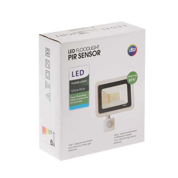Прожектор светодиодный, 30 Вт, 2700 Лм, 6500К, Датчик движения, IP66