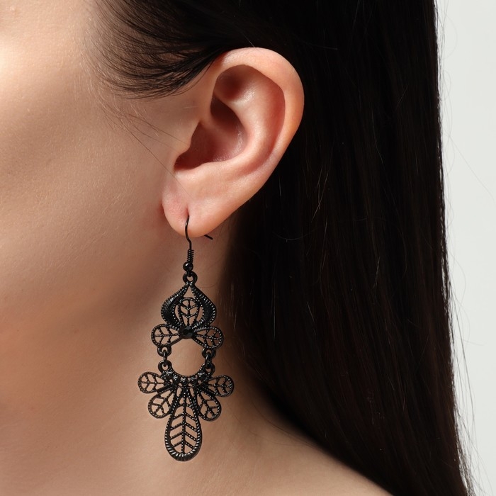 Серьги «Ажур» листья, цвет чёрный в чёрном металле, 7,5 см