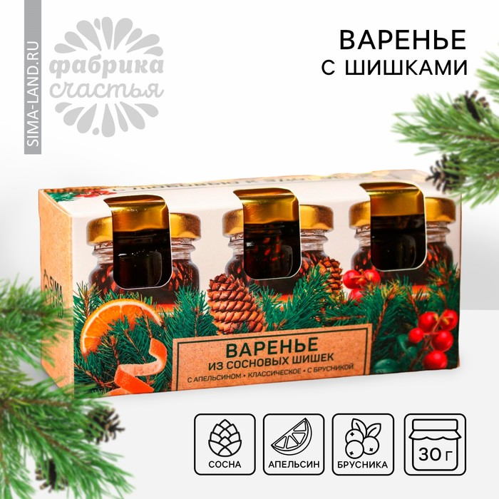 Набор варенья с сосновыми шишками «Новый год: С любовью»: апельсин, классический, брусника, 90 г (3 шт. х 30 г). Набор варенья с сосновыми шишками «Новый год: С любовью»: апельсин, классический, брусника, 90 г (3 шт. х 30 г).