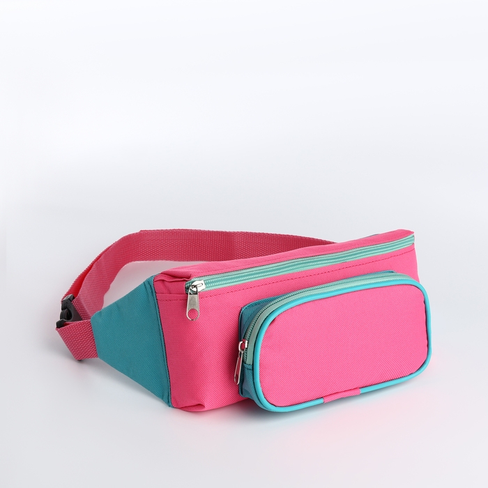 Поясная сумка на молнии, наружный карман, цвет розовый/бирюзовый Поясная сумка на молнии, наружный карман, цвет розовый/бирюзовый
