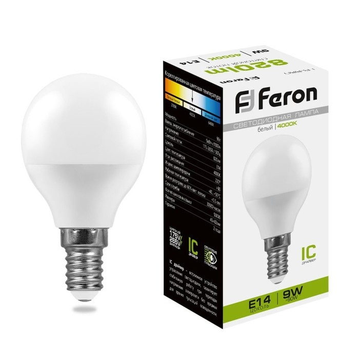 Лампа светодиодная FERON, G45, 9 Вт, Е14, 4000 К, дневной белый Лампа светодиодная FERON, G45, 9 Вт, Е14, 4000 К, дневной белый