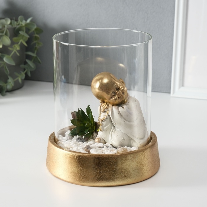 Сувенир полистоун, стекло  Сувенир полистоун, стекло "Маленький спящий Будда в саду камней" 15,5х15,5х18 см