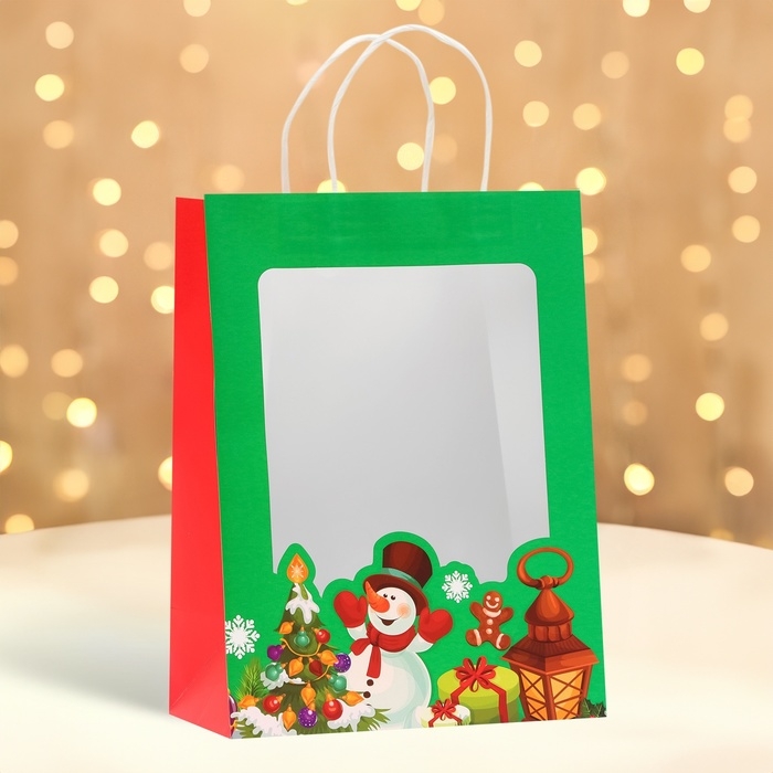 Пакет подарочный новогодний с окном Пакет подарочный новогодний с окном "Снеговик" 26 х 35 х 16 см.