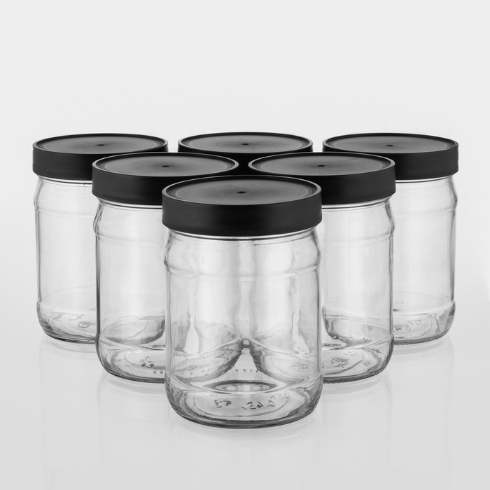 Набор стеклянных банок с чёрной полимерной крышкой, ТО-82 мм, 450 мл, 6 шт. Набор стеклянных банок с чёрной полимерной крышкой, ТО-82 мм, 450 мл, 6 шт.