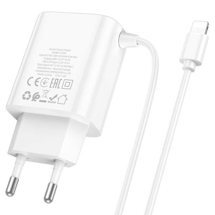 Сетевое зарядное устройство Hoco C103A, 2 USB, 2.1 А, встроенный кабель Lightning, 1 м,белое