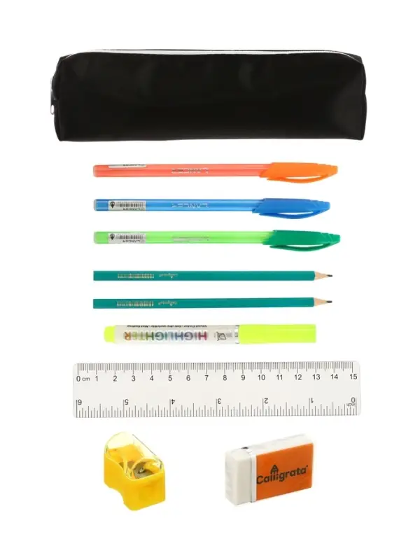 Пенал школьный с наполнением 9 предметов, на молнии, чёрный