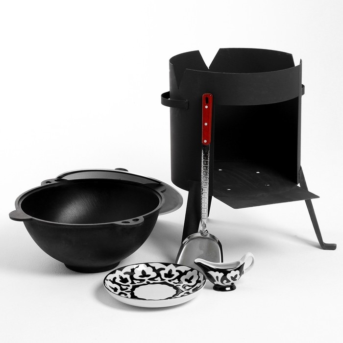 Набор для плова 5 предметов, казан 10л, печь под казан, соусник, ляган 28см, шумовка 45см Набор для плова 5 предметов, казан 10л, печь под казан, соусник, ляган 28см, шумовка 45см