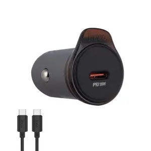 Автомобильное зарядное устройство NZ16 HOCO с кабелем Type-C на Type-C PD30W серый металлик