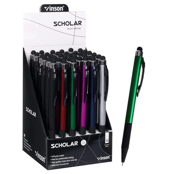 Ручка шариковая Vinson. SCHOLAR, автоматическая, синий стержень, узел 0.7 мм, на масляной основе, резиновый упор, МИКС