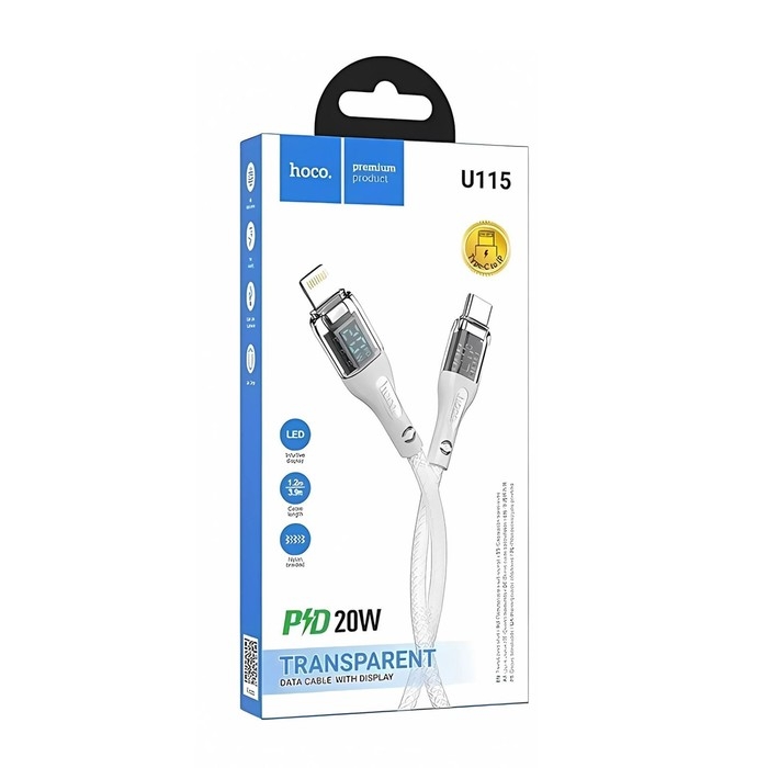 Кабель Hoco U115, Type-C - Lightning, 1.2 м, прозрачный,передача данных,оплётка нейлон,серый Кабель Hoco U115, Type-C - Lightning, 1.2 м, прозрачный,передача данных,оплётка нейлон,серый