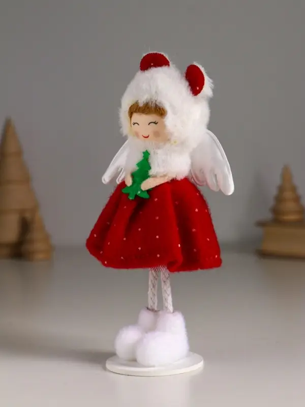Кукла интерьерная "Ангелочек в красном платье, с ёлочкой в руках" 8х5,5х16 см