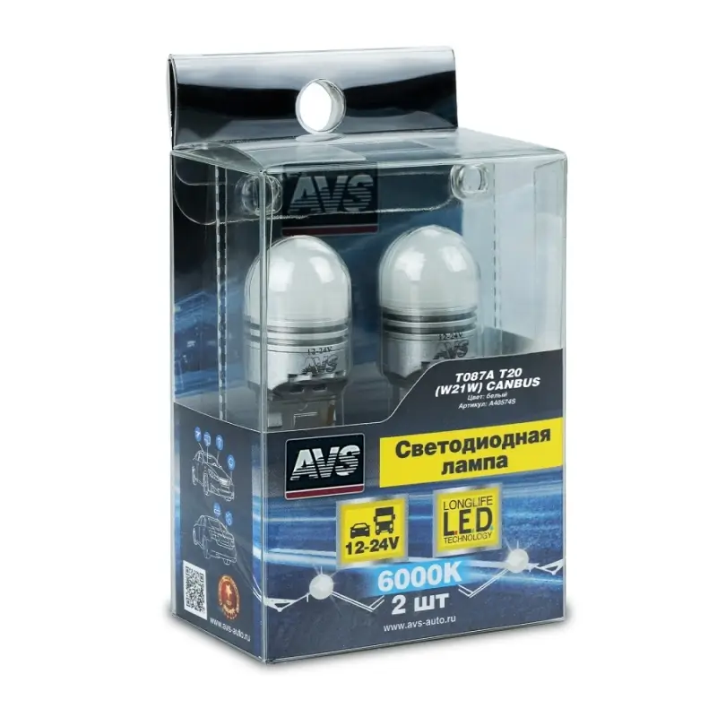 T087A T20/белый/(W3x16d) CANBUS 6SMD 3030, 1 contact(7440), 10-30V коробка 2 шт.