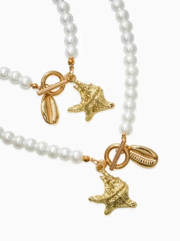 Набор 2 пред-та: бусы.браслет "Жемчуг", ракушка, цвет белый в золоте L=18/42см №8