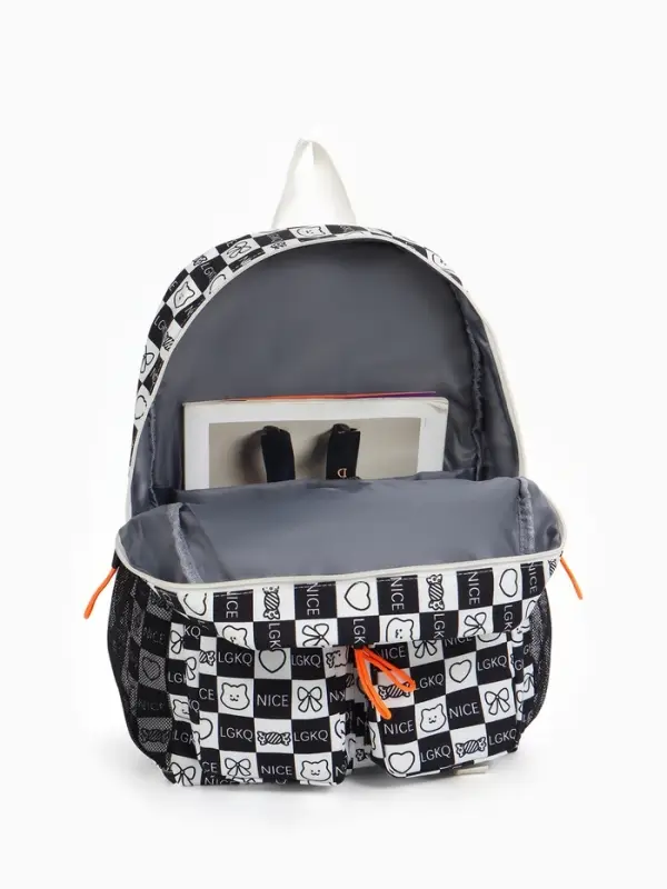 Рюкзак школьный на молнии, с карманами, в клетку, размер 30&times;14&times;43 см, чёрный