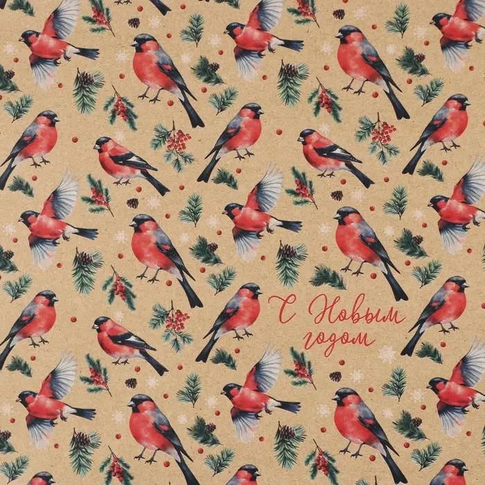 Бумага упаковочная крафтовая &laquo;Снегири&raquo;, 50 х 70 см