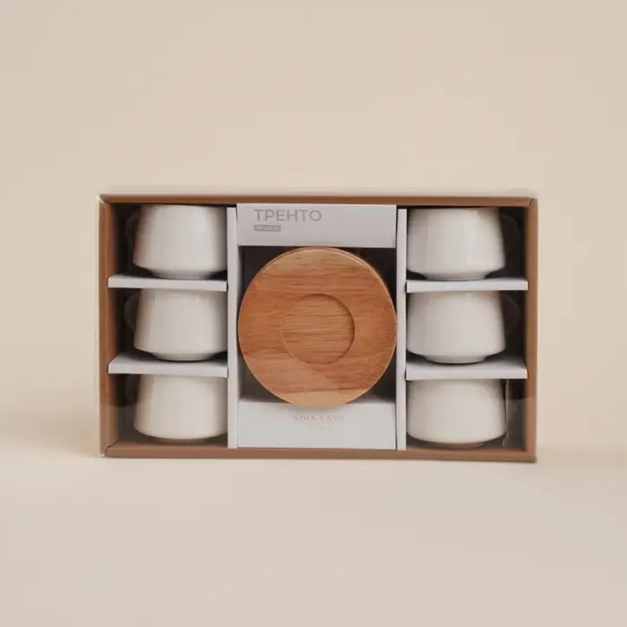 Сервиз чайный SL Home &laquo;Тренто&raquo;, 12 предметов: 6 чашек 90 мл, 6 деревянных подставок, фарфор, белый