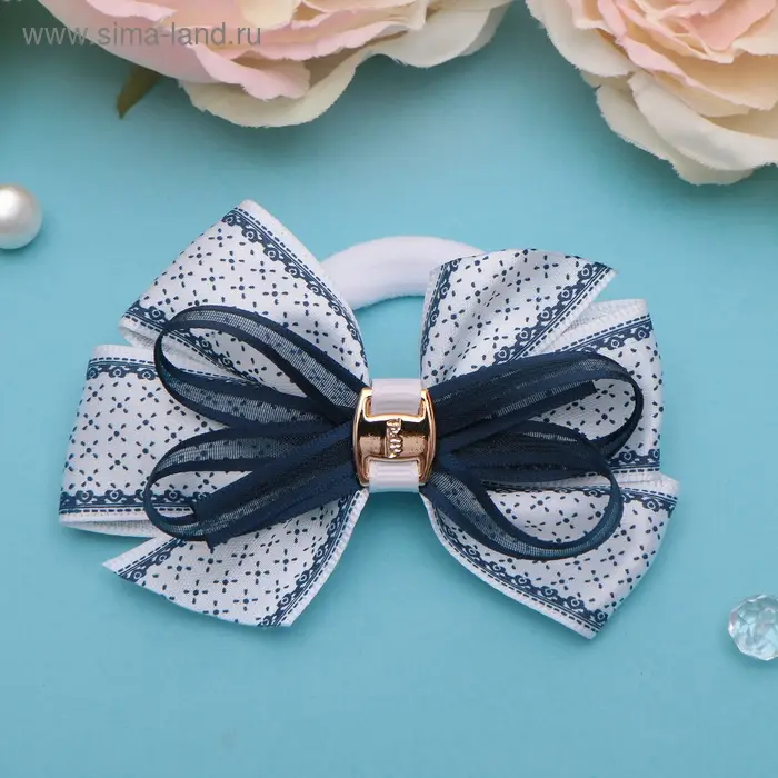 Резинка для волос «Школьница», бант мелкий узор, 8 см, бело-синяя