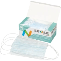 Маска медицинская 3-х сл., мельтб, резинки, голубая Sense, картон 50шт/уп