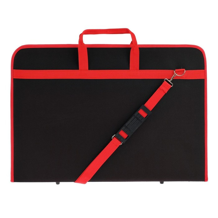 Папка для чертежей и рисунков для художников А2, 640 х 450 х 30 мм, с ручками, текстильная, плечевой ремень, Estado, чёрная/красная кант