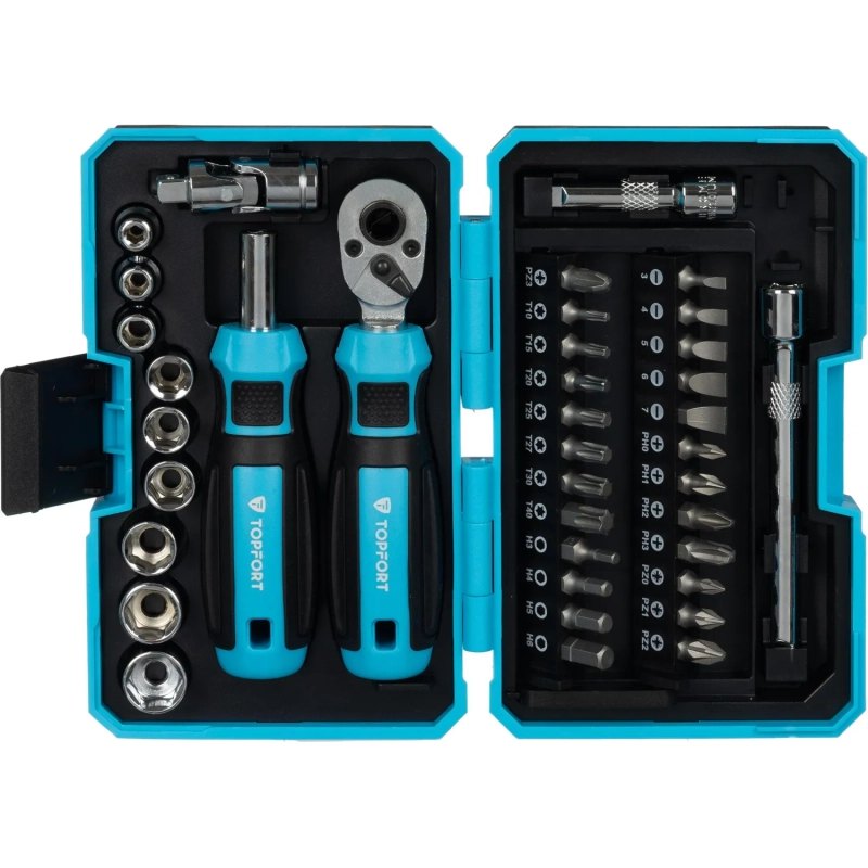 Набор отверток Topfort с трещоткой, битами, головками, 38 предм (569338)