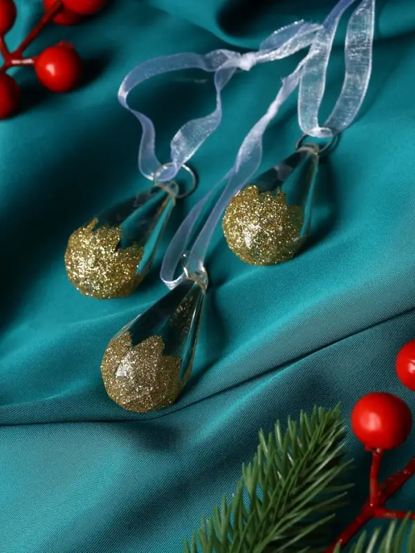 Украшение ёлочное Украшение ёлочное "Льдинка" (набор 3 шт) капельки грани, 4,5х2,5 см, прозрачно-золотой