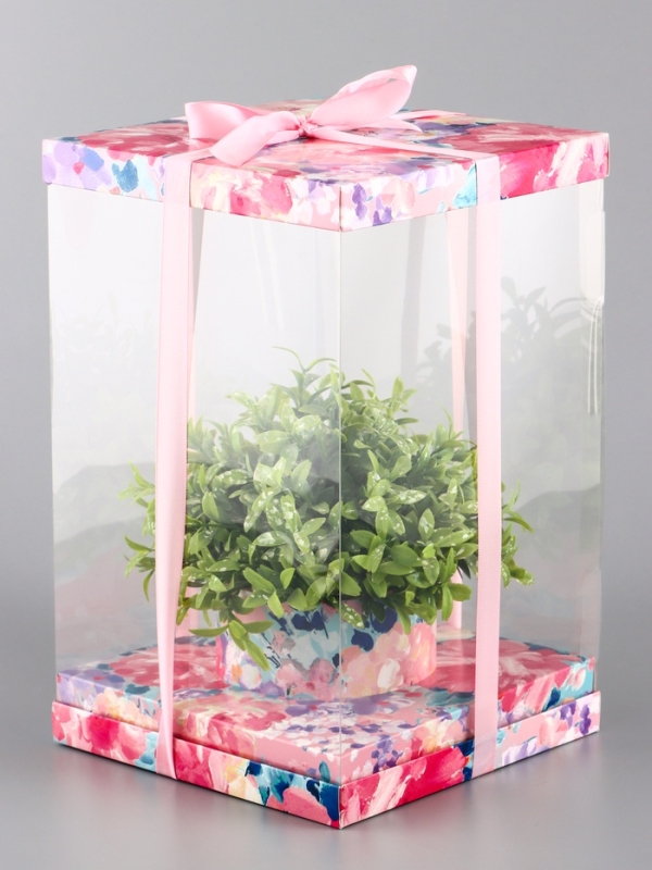 Коробка PVC, для цветов с лентой, 28 х 18 х 18 см, розовый Коробка PVC, для цветов с лентой, 28 х 18 х 18 см, розовый