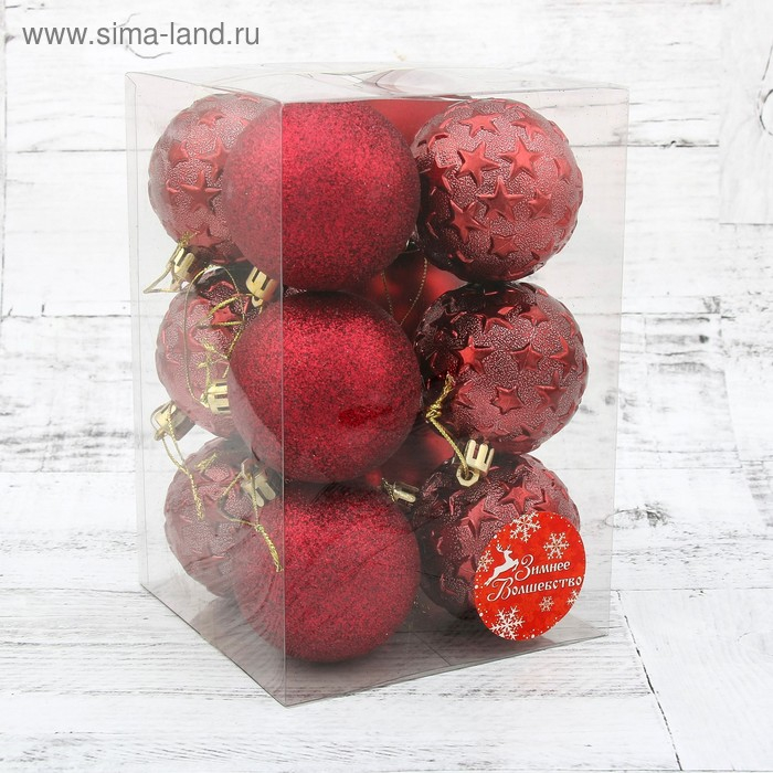 Набор шаров пластик d-6 см, 12 шт Набор шаров пластик d-6 см, 12 шт "Звёздный" бордовый