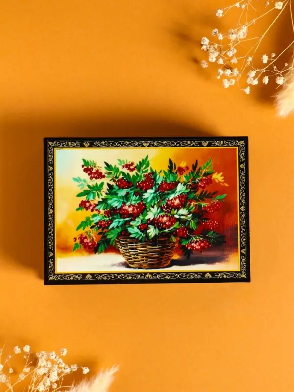 Шкатулка «Рябина в корзине», 10×14 см, лаковая миниатюра