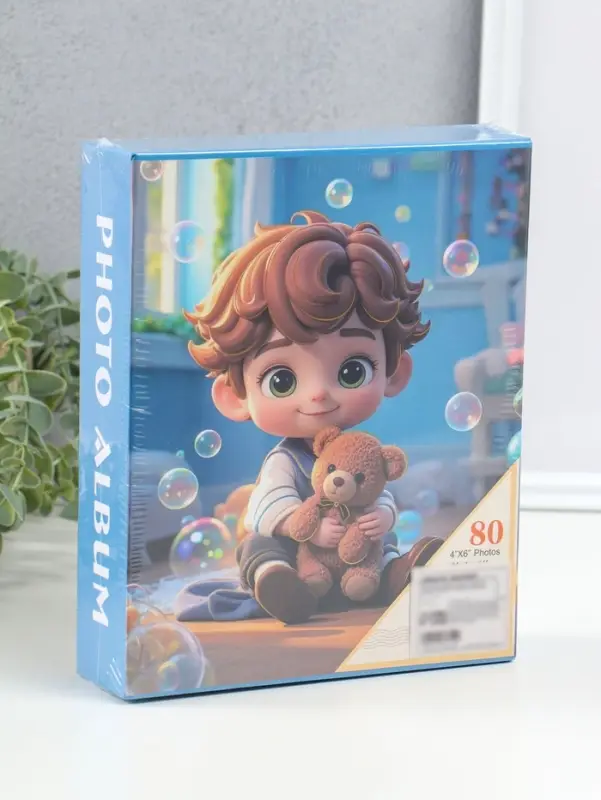 Фотоальбом на 80 фото 10х15 см "Мальчик с мишкой и пузырьки" в коробке 5х19х22,8 см