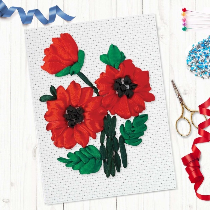 Вышивка лентами на канве «Красные маки», набор для творчества Вышивка лентами на канве «Красные маки», набор для творчества