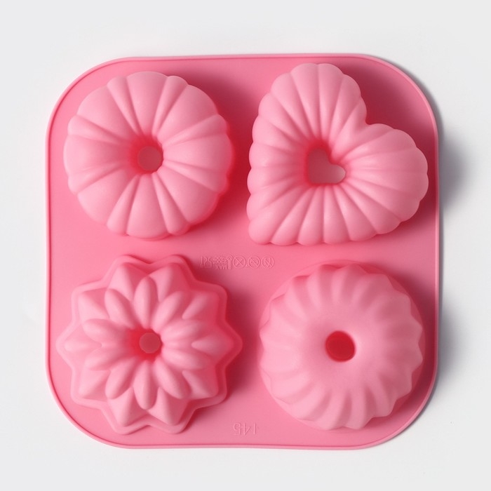 Форма для выпечки Доляна &laquo;Немецкий кекс&raquo;, силикон, 17&times;17 см, 4 ячейки, цвет розовый