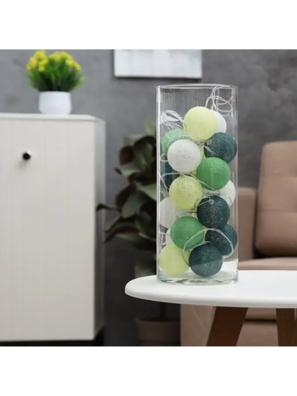 Гирлянда &laquo;Нить&raquo; 5 м с насадками &laquo;Клубки бело-зелёные&raquo;, IP20, прозрачная нить, 20 LED, свечение тёплое белое, 220 В