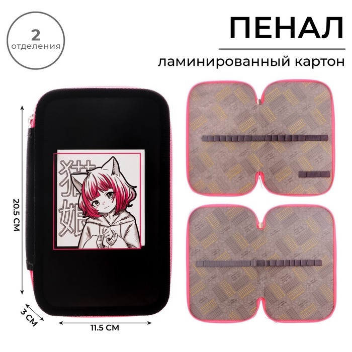 Пенал 2 секции, 125 х 205 х 40 мм, Calligrata 30П26/2 Пенал 2 секции, 125 х 205 х 40 мм, Calligrata 30П26/2 "Аниме девушка", ламинированный картон