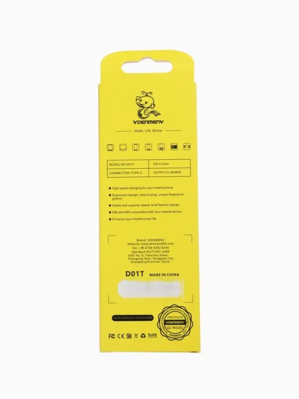 Кабель D-01T, Type-C - USB, 1 м, 2.4 A, зарядка + передача данных, чёрный