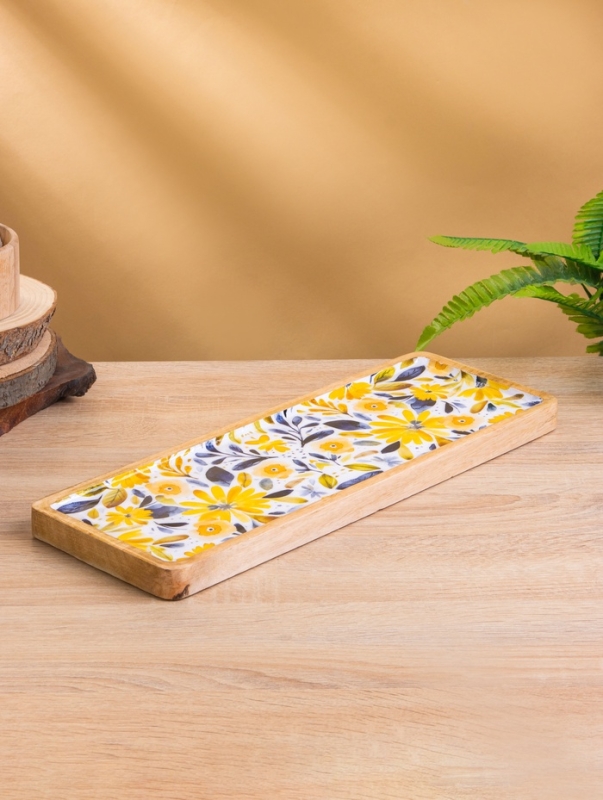 Блюдо прямоугольное "Желтые и синие цветы" дерево манго 41х15 см