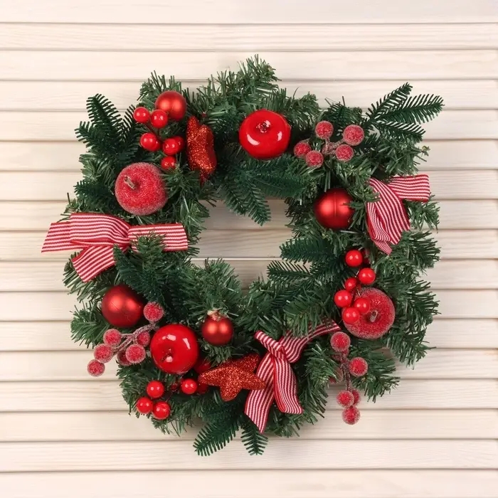 Новогодний венок d-33 см «Зимнее волшебство. Снежное яблочко» на дверь, на стену, декор яблоки, шары, ягоды Новогодний венок d-33 см «Зимнее волшебство. Снежное яблочко» на дверь, на стену, декор яблоки, шары, ягоды