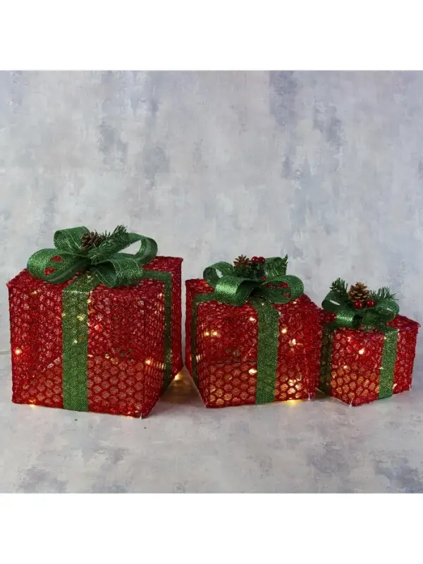 Светодиодная фигура &laquo;Подарки с зелёной лентой&raquo; 15, 20, 25 см, текстиль, металл, 220 В, свечение тёплое белое