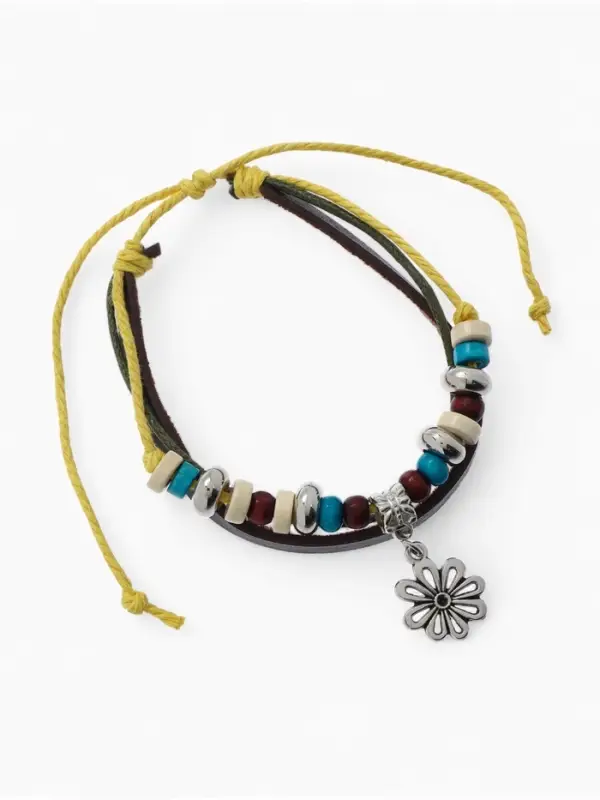 Браслет кожаный &laquo;Цветок с бусинами&raquo;, d=5 см, 3 нити, разноцветный