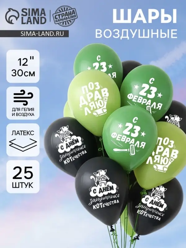 Воздушные шары латексные 12" &laquo;23 Февраля&raquo;, 25 шт.