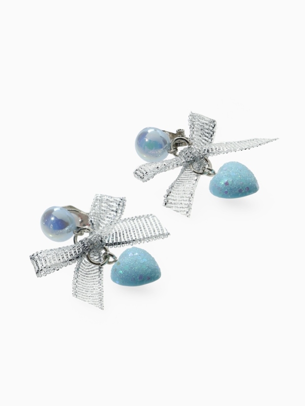 Серьги-клипсы детские  Серьги-клипсы детские "Выбражулька" сердце с бантом и кругом кристалл, цвет голубо-серебристый