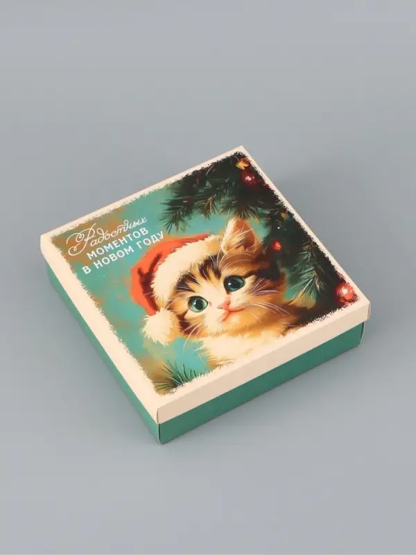 Коробка подарочная &laquo;Котёнок&raquo;, новогодняя, с крышкой, 20&times;20&times;6 см, разноцветная