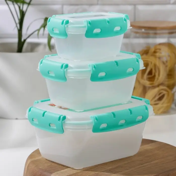 Набор пищевых герметичных контейнеров Альт-Пласт, 3 шт.: 380 мл, 0.8 л, 1.5 л, прозрачные, крышка голубая