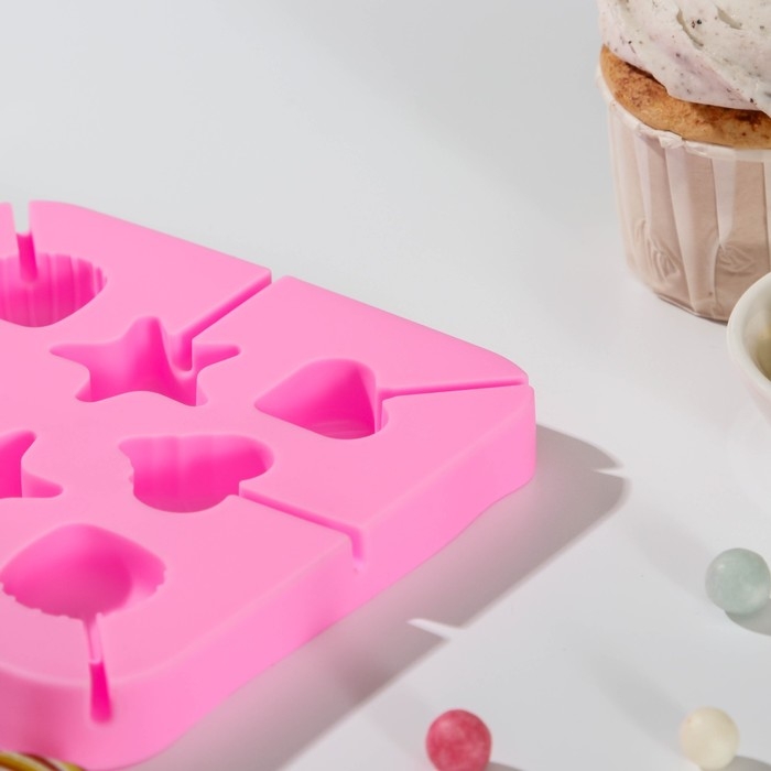 Форма силиконовая для леденцов «Морской берег», 12,5×12,5×1,5 см, 8 ячеек, с палочками, цвет МИКС Форма силиконовая для леденцов «Морской берег», 12,5×12,5×1,5 см, 8 ячеек, с палочками, цвет МИКС