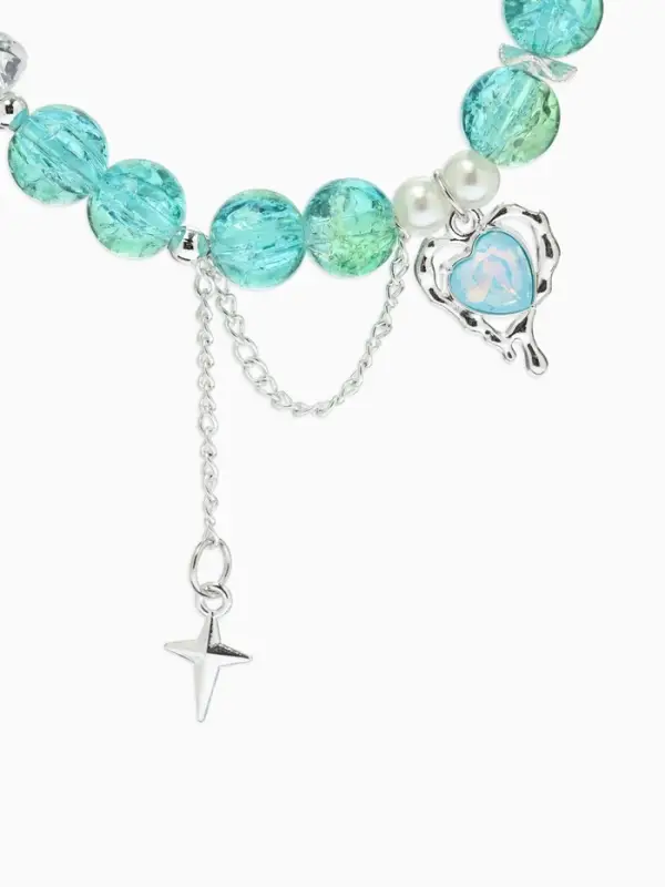 Браслет с подвесками &laquo;Сахарный. Сердце и искра&raquo;, шар № 10/8, d=6 см, зеленый, голубой в серебре