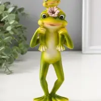 Сувенир полистоун "Лягушонок с розовым лотосом, посадил малыша на шею" 21,5 см