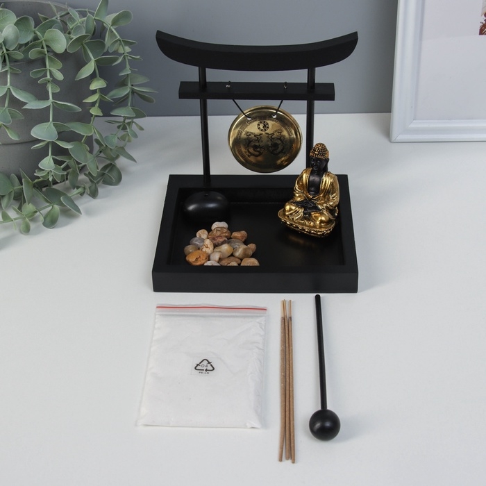 Сад Дзен  Сад Дзен "Будда в золотом у гонга" песок+камни+аромапалочка 13,2х15х15,3 см